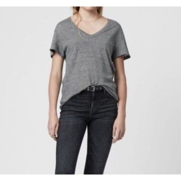 AllSaints Mia Lin Striped Linen Blend T-Shirt BlackWhite Short Sleeve Medium - Picture 1 of 12
